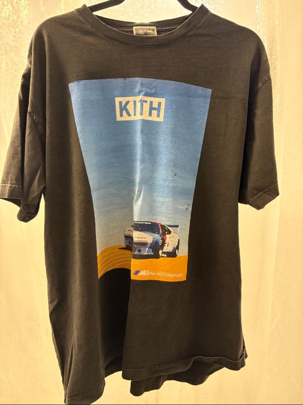 Kith Ash Black Tee with Blue Gradient & Yellow Accent Motorsport Graphic